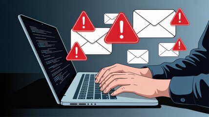 Ai generated image of closeup of hands typing on a laptop keyboard, surrounded by digital email icons and red warning signs