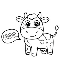 Fototapeta premium Cute cartoon cow with big eyes and a speech bubble saying moo perfect for children s illustrations