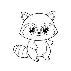 Cute cartoon raccoon character with big eyes and striped tail simple outline drawing for coloring