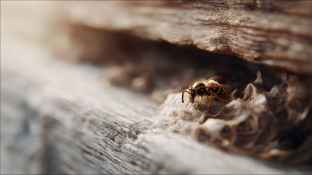 A wasp is seen building its paper nest within a wooden crevice illuminated by soft daylight