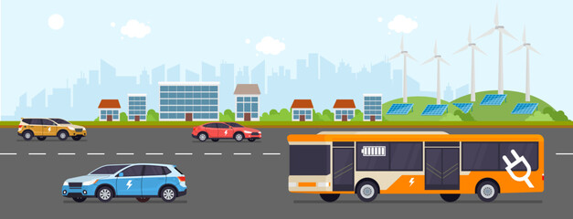 City road scene with electric cars and bus powered by renewable energy, solar panels, and wind turbines, symbolizing clean transport, zero emissions, and sustainable urban living.