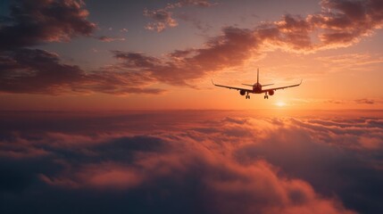 Naklejka premium airplane sunset cloudscape above ocean