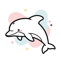 Cute cartoon dolphin with blush cheeks and playful splashes of color in the background