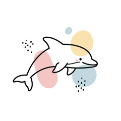 Cute cartoon dolphin illustration with abstract pastel shapes and playful dots on white background