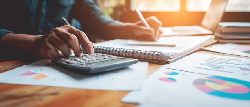 The calculator and notebook on a professional desk filled with financial analysis charts.
