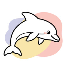 Cute cartoon dolphin swimming happily with abstract watercolor splashes in pastel colors