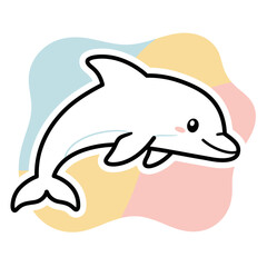 Cute cartoon dolphin illustration with playful pastel watercolor splashes in the background