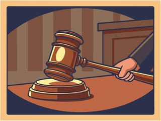 Cartoon illustration of judge’s gavel hitting sound block in courtroom for justice and law concept."