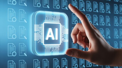Ai generated image of artificial intelligence ai chip glowing on a digital background with data streams and a hand interacting