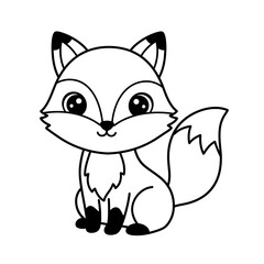 Cute cartoon fox illustration in black and white with big eyes and bushy tail for children