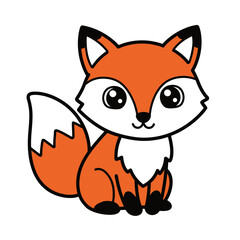 Adorable cartoon fox with big eyes and fluffy tail sitting and looking forward