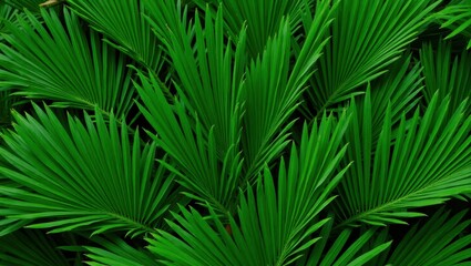 Close-up view of lush palm fronds, showcasing the intricate details of the vibrant green leaves.