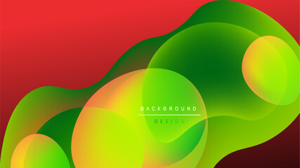 Abstract fluid shapes blend vibrant colors. Green, yellow, red gradients create dynamic visual flow. Modern design element.