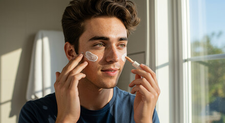 Young Man Applying Skincare and Concealer