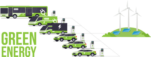 Electric vehicles including bus, van, truck, and cars charging at stations powered by renewable green energy with wind turbines and solar panels, symbolizing clean and sustainable transport.