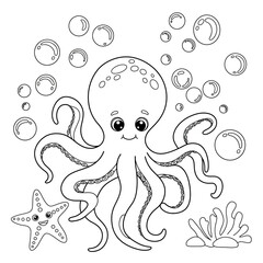 Cute cartoon octopus with big eyes and tentacles surrounded by bubbles and underwater elements