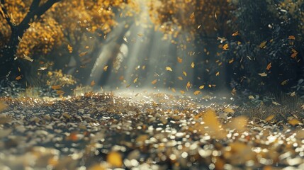 Fototapeta premium Sunlight shining through the autumn leaves falling in a forest path