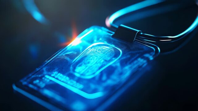Futuristic id card keychain glowing with fingerprint scanner technology