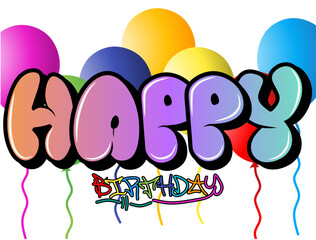 Colourful "Happy Birthday" graffiti lettering with vibrant balloons