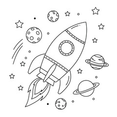 Whimsical hand drawn rocket ship blasting off into a starry outer space with planets and moons