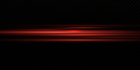 Futuristic Red Neon Light Beam with Horizontal Glow and Flare. Shiny Light Streak Effect, Glowing Line Trail and Flash on Transparent Background for Abstract or High-Tech Vector Illustration	