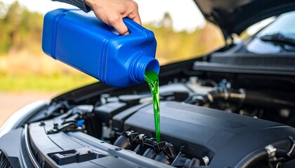 Person pouring green coolant into a car engine
