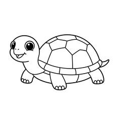 Cute cartoon black and white outline drawing of a happy turtle with big eyes and a smiling face