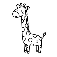 Cute hand drawn cartoon giraffe with spots and a friendly smile on a white background