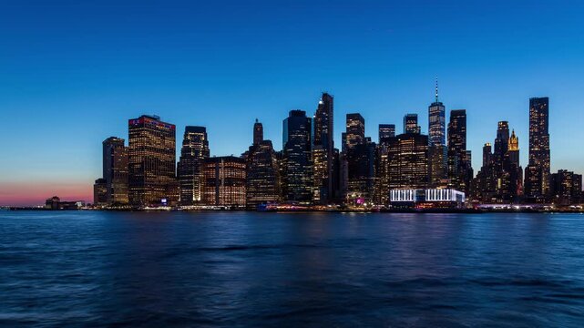 Lower Manhattan (New York City) from Brooklyn Bridge Park at Blue Hour Timelapse