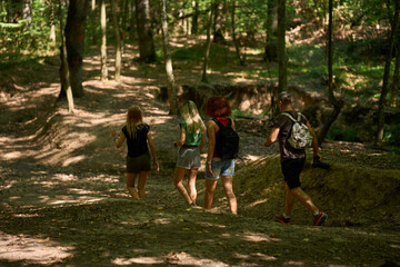 Group hiking in forest trail