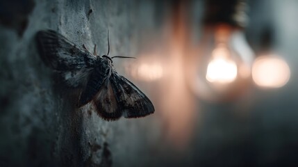 A detailed moth rests on a textured wall illuminated by the soft glow of a nearby light bulb in the darkness