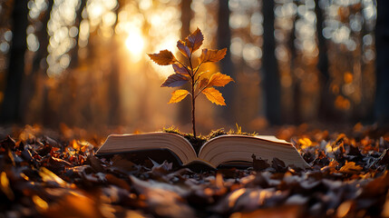 Sprout with autumn leaves grows from open book on forest floor, sunbeams shining through trees, fallen leaves scattered, shallow focus evokes serene mood. Concept of Education, Knowledge and Study.