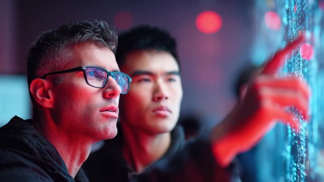 Two men focused digital screen with power and glowing browser interface dimly lit tech environment using glasses and advanced