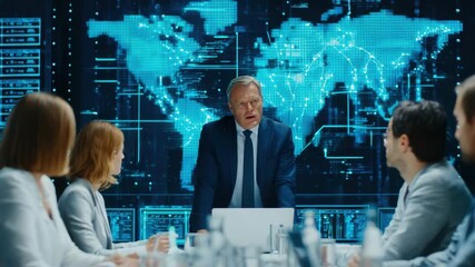 Business meeting with leader discussing global strategy using digital world map and browser interface showing power data modern - Powered by Adobe
