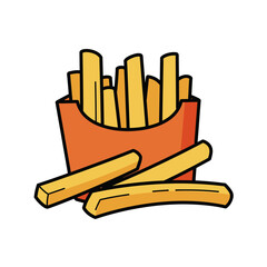 Hand drawn illustration of a red carton filled with golden french fries and some scattered on a white background