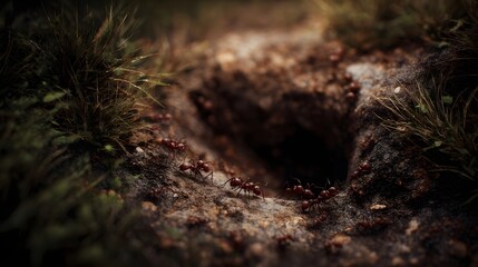 Obraz premium Busy red ants swarm around the entrance of their natural soil ant hill showcasing intricate details of colony life and the ground