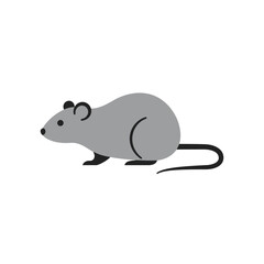 Simple flat illustration of a gray mouse with a long tail on a white background
