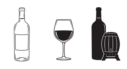 Hand drawn sketch of a wine bottle a wine glass filled with red wine and a wine barrel
