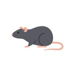 A simple flat illustration of a dark gray rat with pink ears and tail on a white background