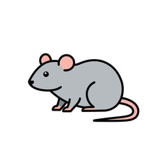 Cute cartoon illustration of a small gray mouse with pink ears and a long tail isolated on white background