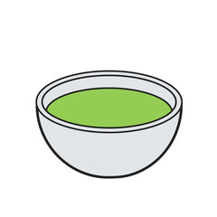 Simple illustration of a white bowl filled with vibrant green liquid or soup on a white background