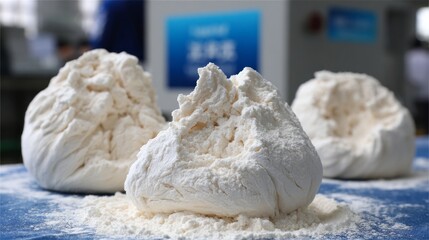 Dumpling production process in a factory showcasing flour preparation and folding techniques