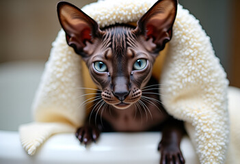 A chocolate-colored Cornish Rex cat is wrapped in a soft terry towel after bathing