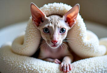 Cornish Rex cat wrapped in a soft terry towel