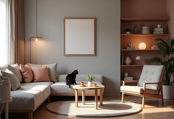 Cozy aesthetic living room, in warm and gray tones, minimalism, cat in the interior