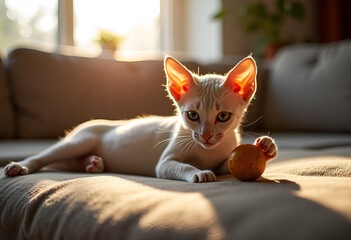 Cornish Rex cat,  playing with a ball on the couch, warm light from the window