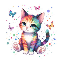 Fantasy kitten with rainbow fur sitting among butterflies and colorful splashes on white background. A bright, playful scene with gentle mood and decorative depth.