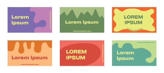 Set of six abstract colorful business card templates with bold shapes and modern typography. Branding and marketing design concept.