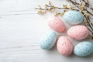 Fototapeta premium Colorful Speckled Eggs Arranged With Branches on Wooden Background for Spring Celebration
