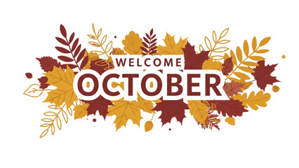 Hello October Text with Autumn Leaves Seasonal Vector Background Design
